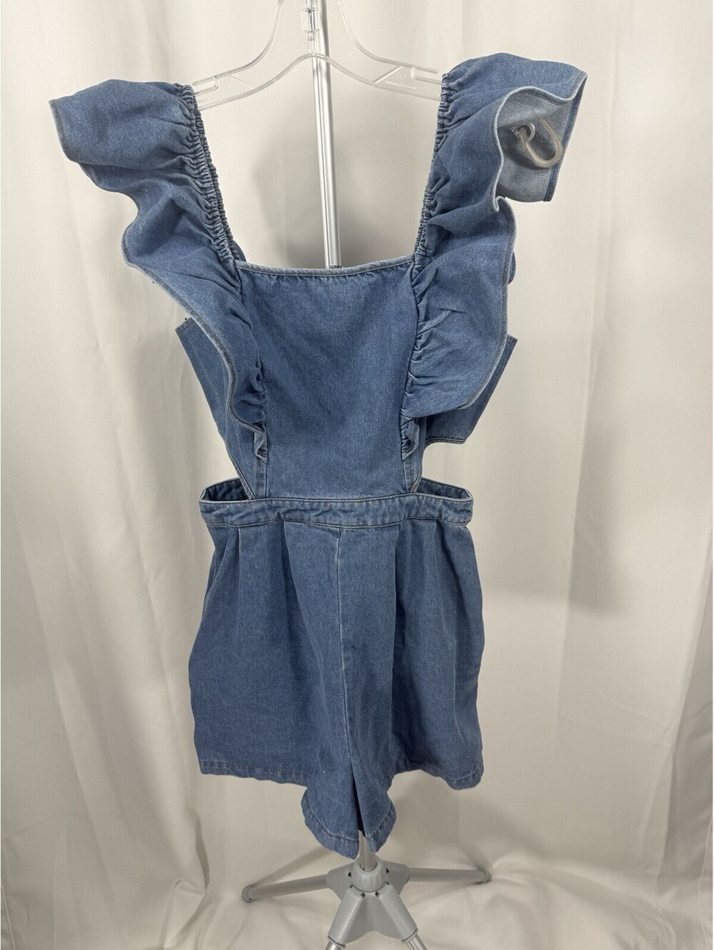 Mable Womens S Denim Romper Ruffle Flutter Sleeve Cutout Square Neck Coquette
